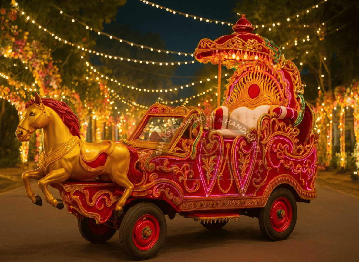 Luxury tiger-themed Bahubali jeep baggi for traditional Indian wedding baraat.